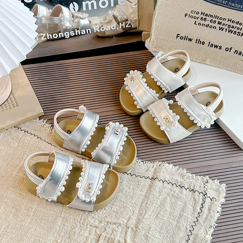 Girls Pearl Decor Sandals Soft Non-slip Sole Adjustable Strap Lightweight Breathable Upper for Daily & Party Wear, All-day Comfy