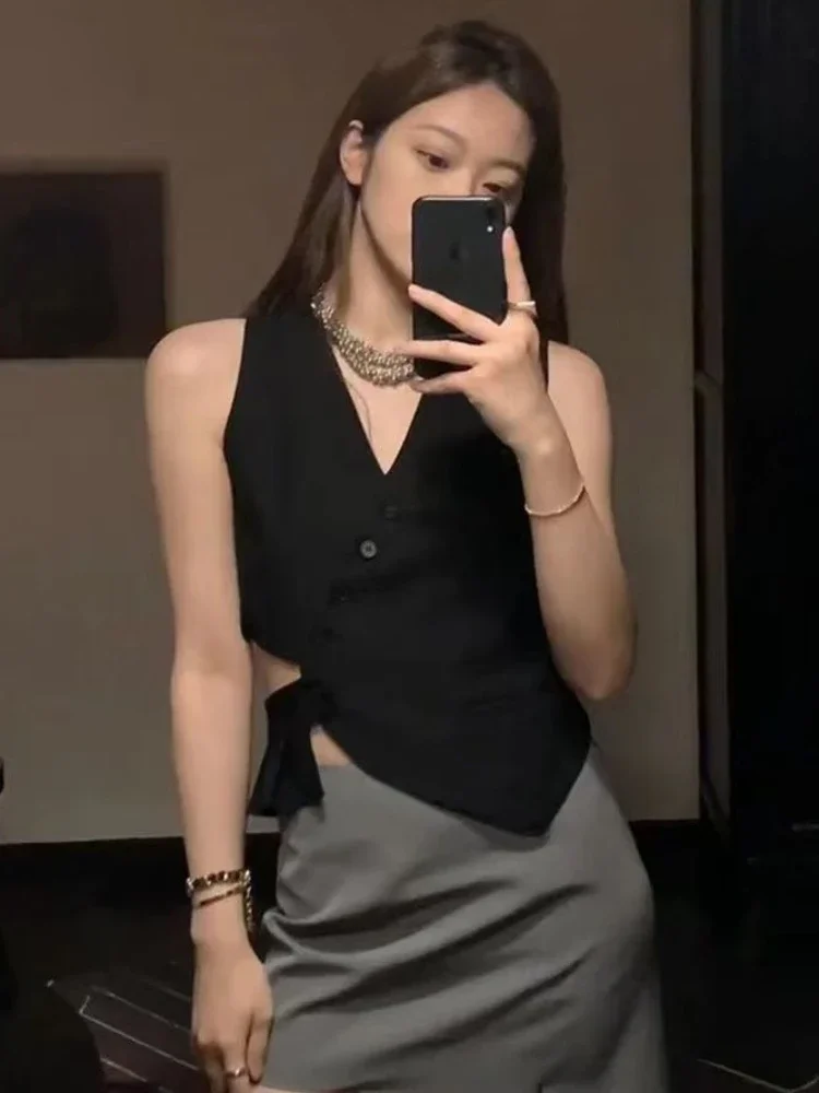 

Женские жилеты с v-образным вырезом, офисные женские летние элегантные модные Harajuku без рукавов, универсальные, темпераментные, повседневные, однотонные, Mujer, новинка, популярные