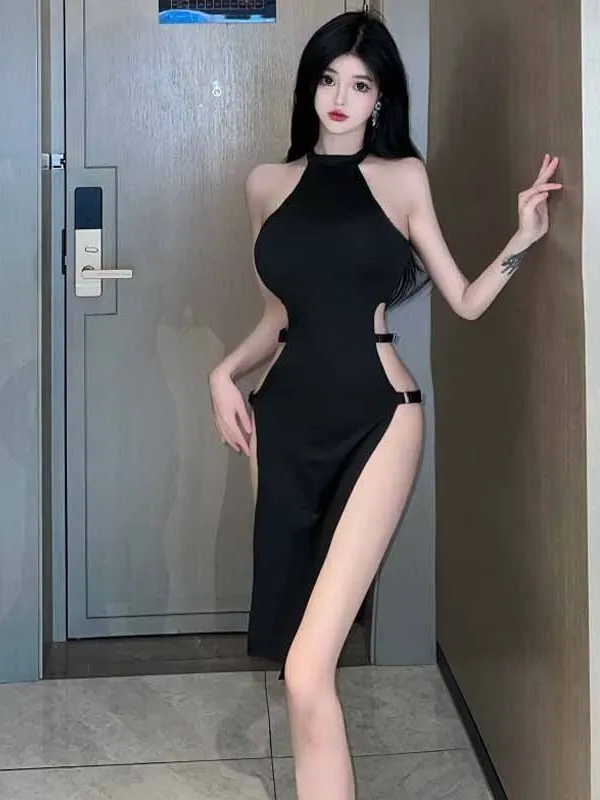 2024 Summer Spicy Girl Sexy Hanging Neck Backless Sleeveless Dress Women Cinching Waist High Split Fork Black Long Dress 7M8J