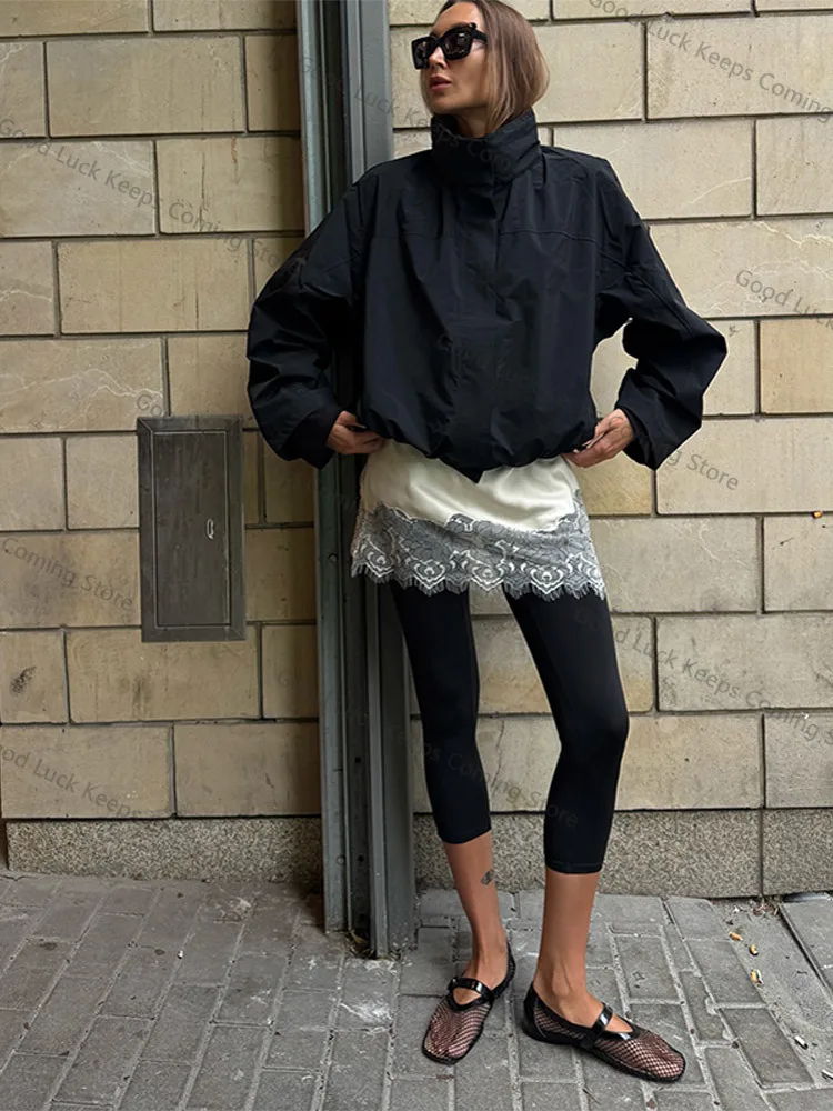 Stand Collar Drawstring Waist Cinching Jacket Women Casual Long Sleeve Loose Fitting Zipper Coats New Autumn Chic Lady Outerwear
