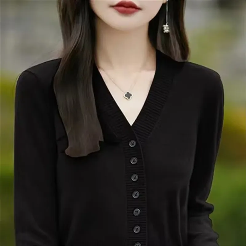 

Spring Autumn New Women Knitted Cardigan Sweater Fashion V-Neck Long Sleeve Short Knitwear Coat Loose Office Female Tops W1050