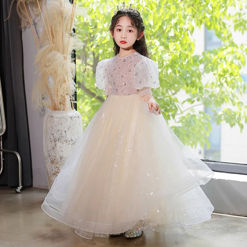 Children\'s Princess Long Skirt Fluffy Yarn Flower Girl Wedding Dress High-end Prom Christmas Easter Host Evening Dress Costume