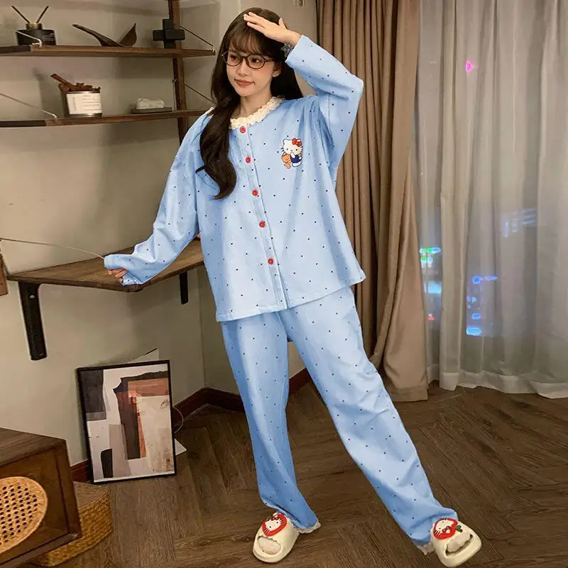 

Sanrio Cute Pajamas Hello Kitty Pajamas Sweet Style Female Spring Autumn New Long Sleeves Trousers Leisure Loose Home Clothin