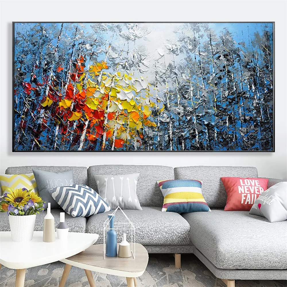 Grote Abstracte Kunst Blauwe Hemel Kleurrijk Bos Canvas Schilderij Natuur Landschap Prints Landschap Posters Muurkunst Home Decor