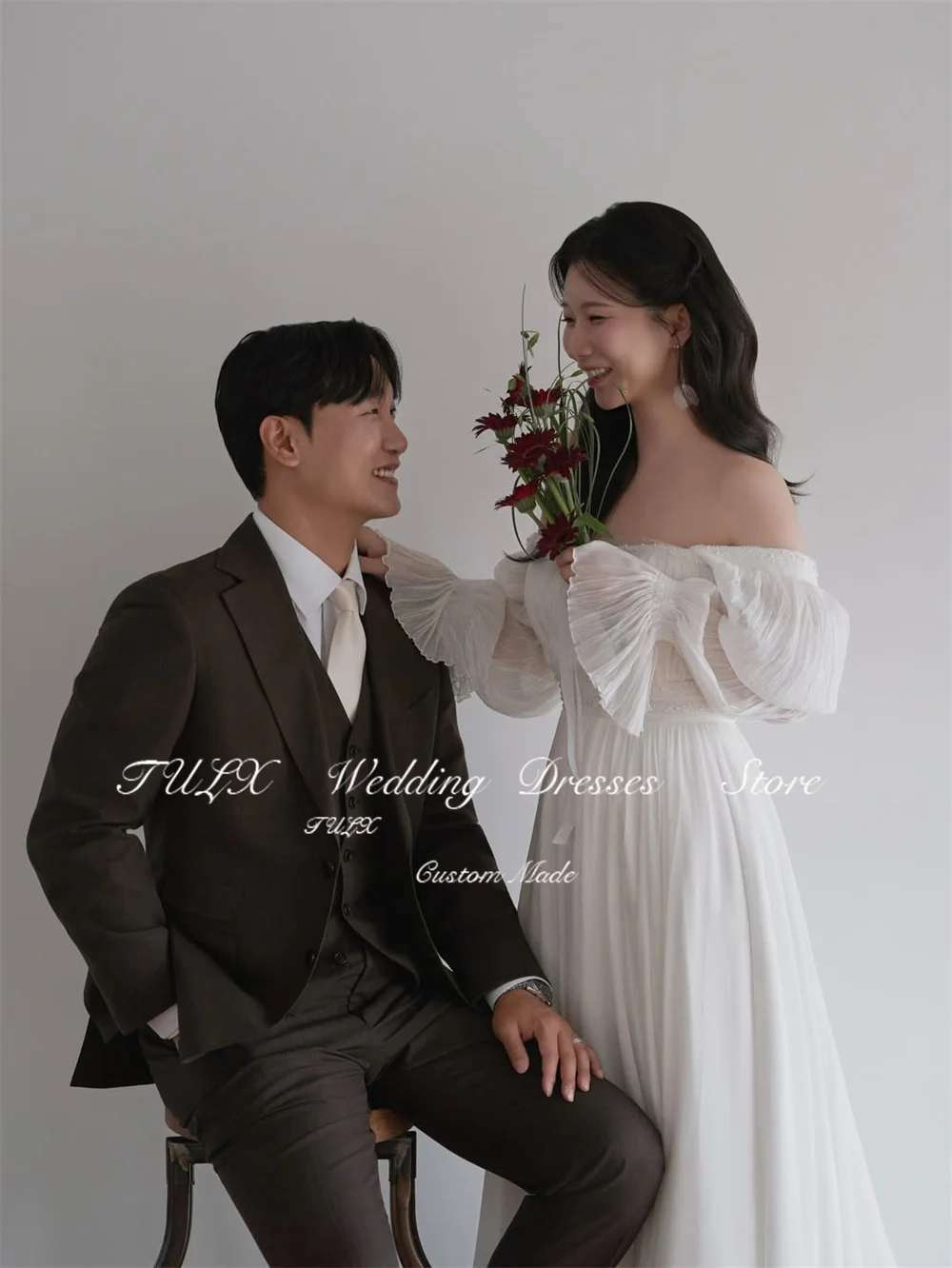 TULX Avorio Chiffon A line Abito da sposa lungo Corea Servizio fotografico Colletto quadrato Manica lunga Abiti da sposa Personalizzato Garona 2026
