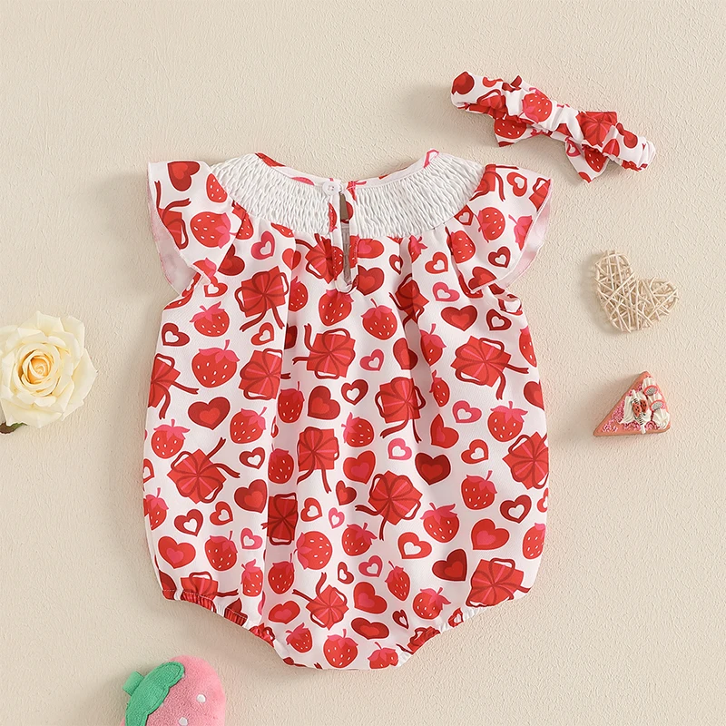 Tregren Valentine's Day Infant Baby Girls Rompers Sweet Heart/Floral Print Flying Sleeve Round Neck Bodysuits with Bow Headbands