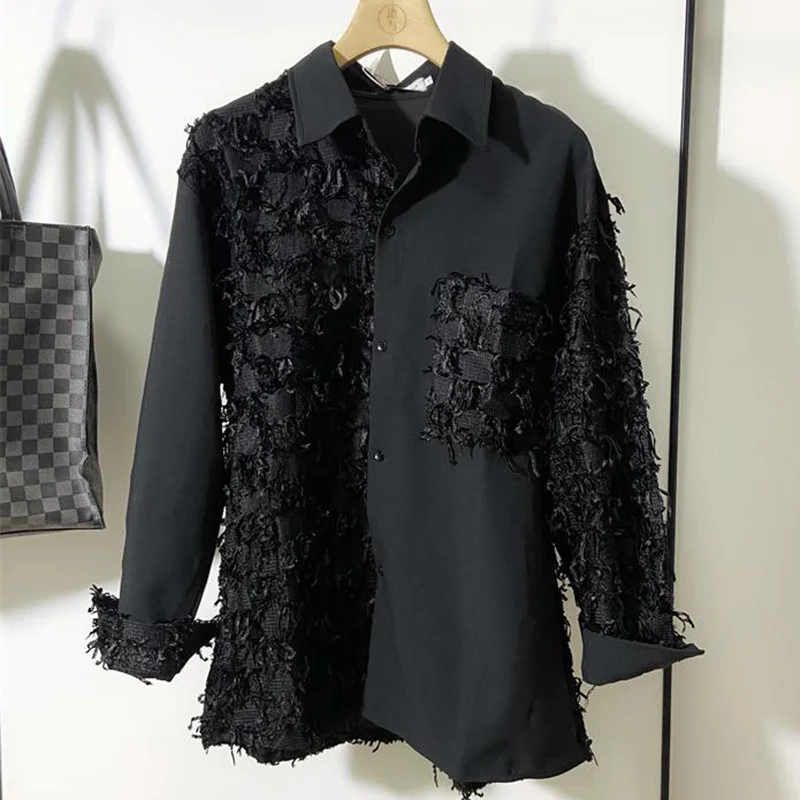 

2025 New Darkwear Splicing Design Men's Shirt Long Sleeve Loose Trendy Turn-down Collar Male Tops Fashion 21E2575
