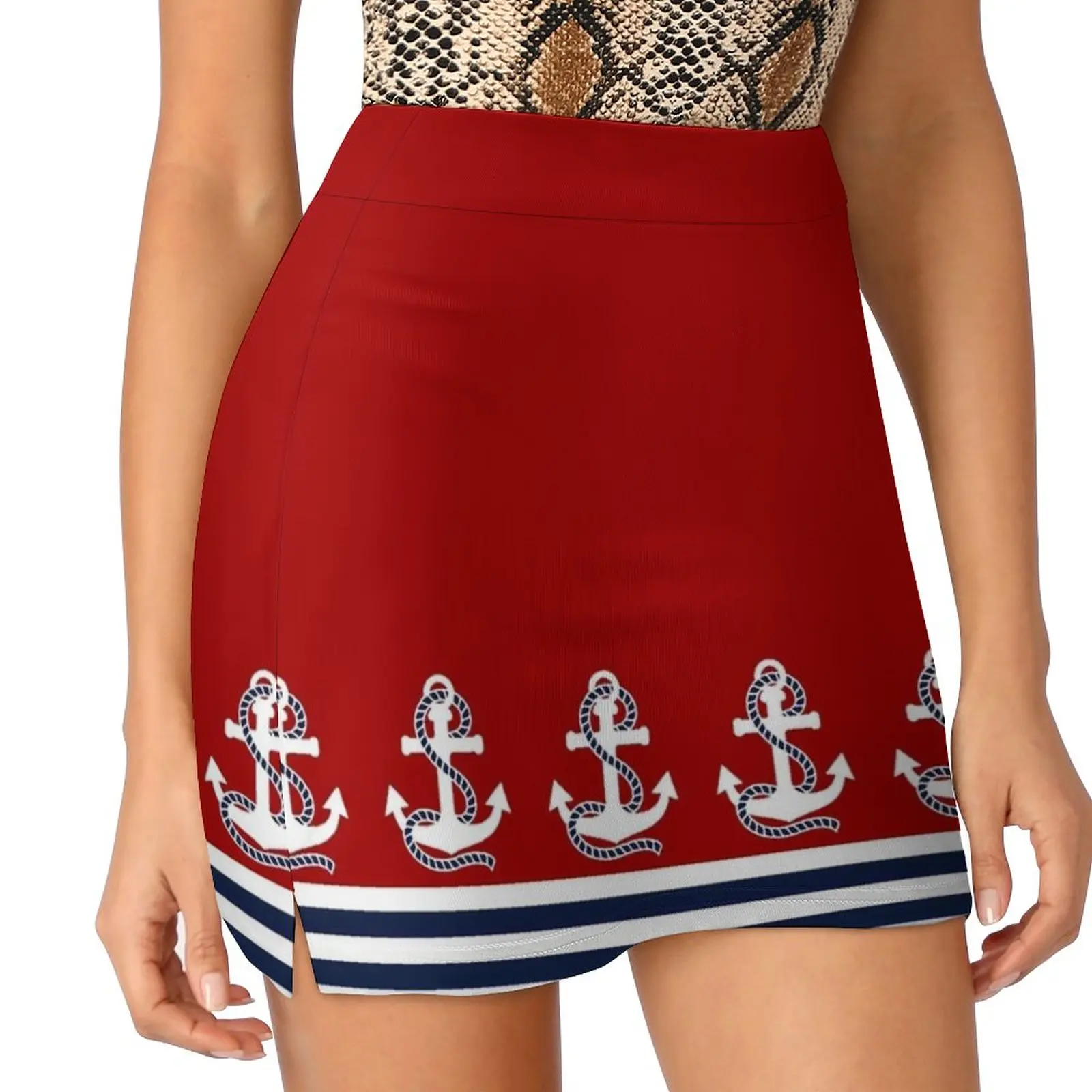 Nautical Red White Stripes And Blue Anchors On Red Korean Fashion Skirt Summer Skirts For Women Light Proof Trouser Skirt