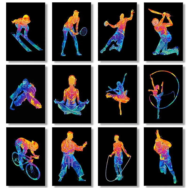 Neon Abstract Sport Black Poster Ski Yoga Karate Gymnastics Canvas Painting Wall Print Picture Sports Enthusiast Room Home De