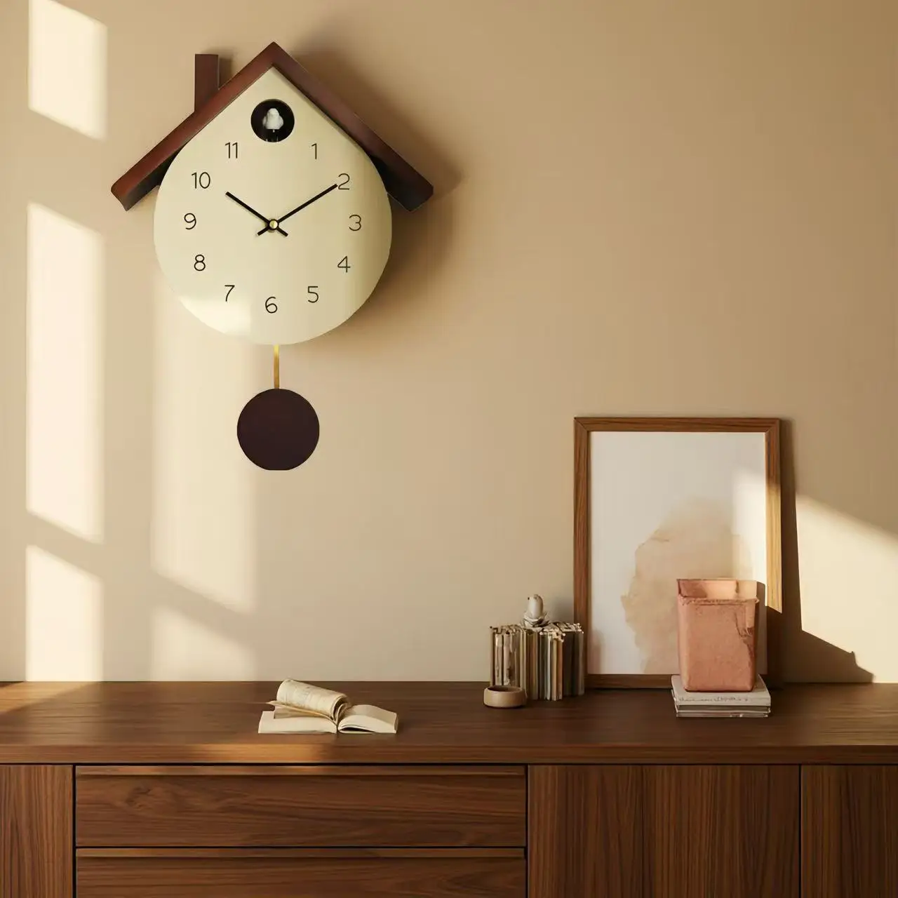 Nordic criativo alto sentido de madeira maciça tempo relógio parede sala estar pendurado criativo pássaro cuco relógio medieval