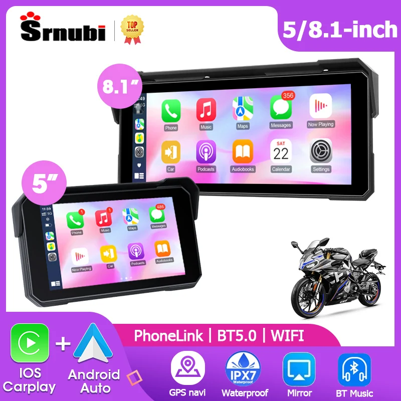 Srnubi 5/8.1'' Motorcycle Screen GPS Navigator Wireless Carplay Android Auto Helmet Bluetooth Portable Car Stereo for Motorbike