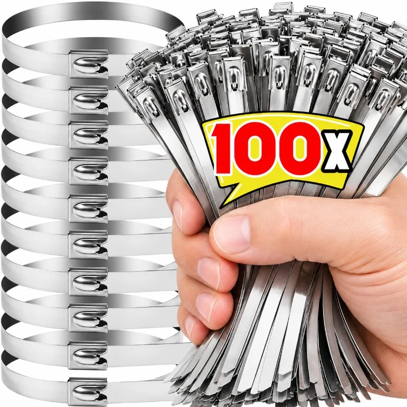 20/100Pcs 304 Stainless Steel Cable Ties Metal Zip Ties Self Locking Heavy Duty Fastening Straps for Exhaust Wrap Pipe Repair