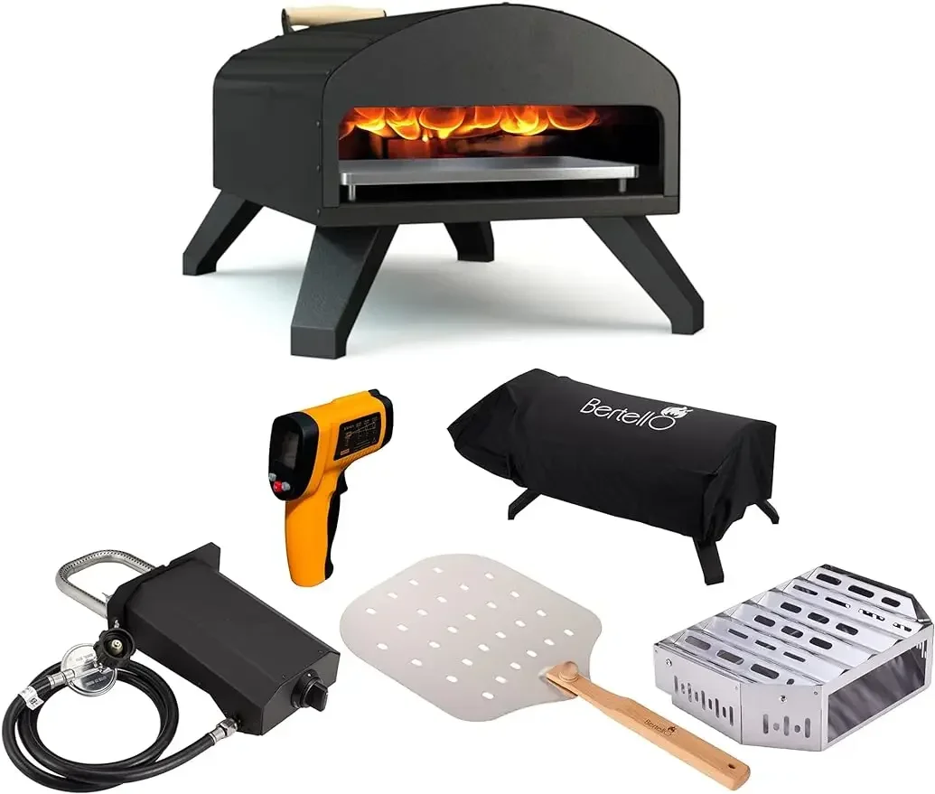 Bertello Outdoor Pizza Oven Bundle, Gas and Wood Simultaneously, Portable Brick Oven,   Maker with  Burner, Peel