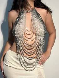 YOUR BUMP CURVE Sexy Girl Backless Hollow Long Tassel Acrylic Crystal Hand-beaded Bra Lawn Music Festival Body Accessories top