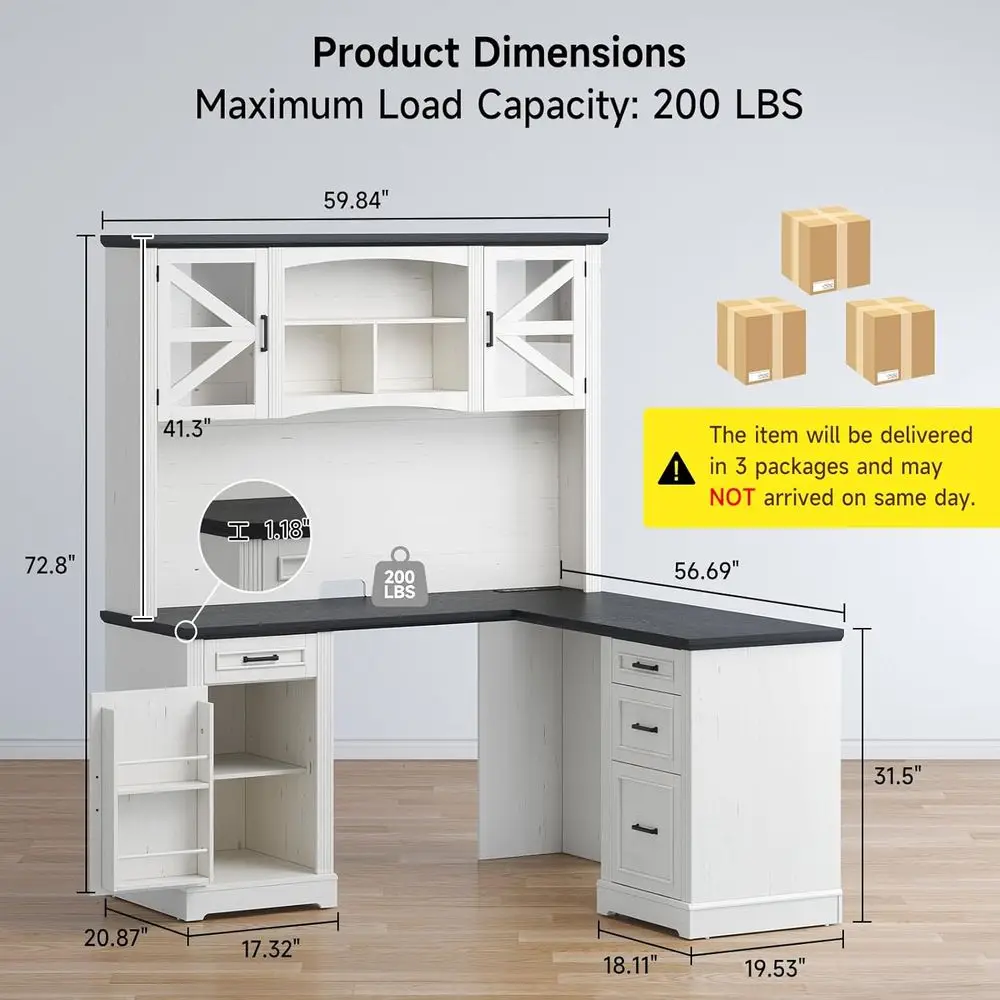 72 L-Shaped Executive Desk with Hutch, L-Shaped Computer Desk with 4 Drawers, File Drawer and Power Outlet, Home Office or Livin