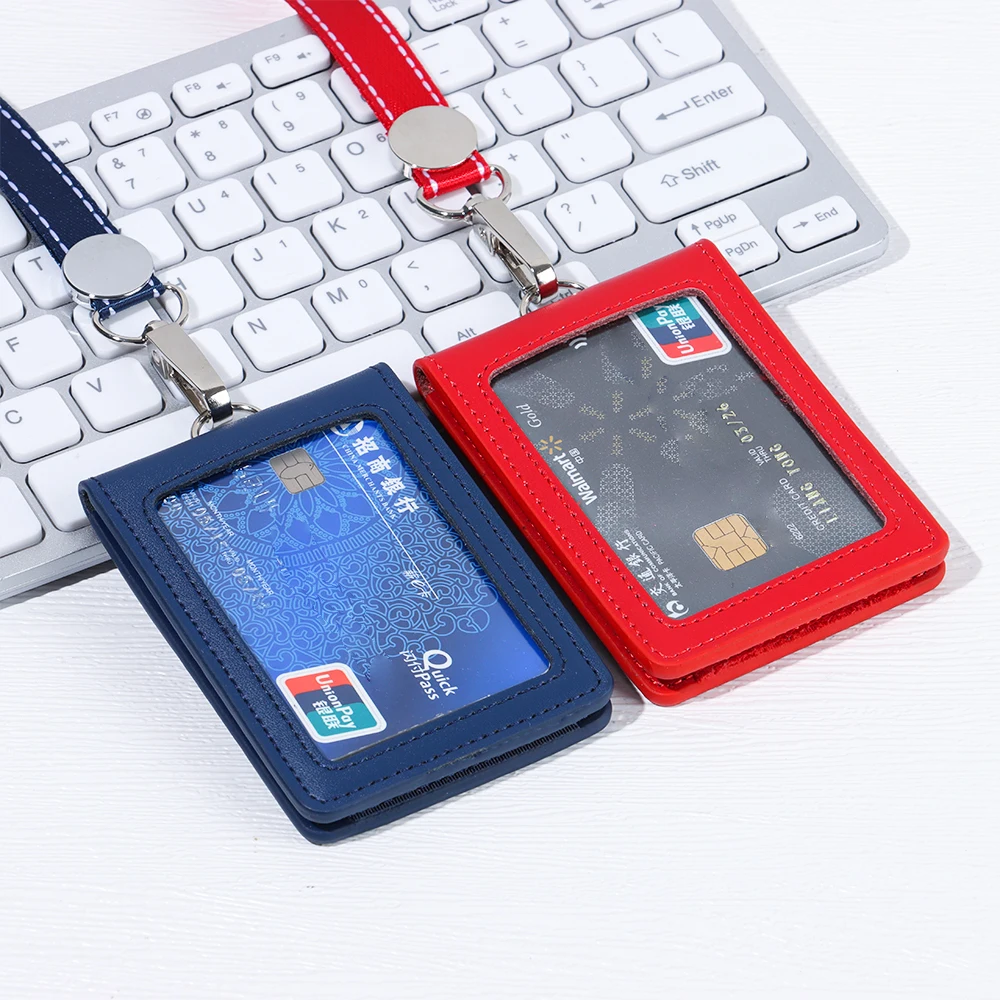 Double Card Badge Holder Genuine Leather ID Lanyard Name Tag Carabiner Style Key Ring Clips Reels Recoil Belt Clip Office Supply