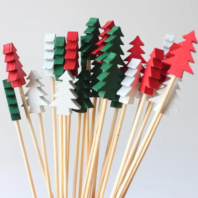 Christmas Mini Wooden Tree Cocktail Picks Red Green White Disposable Bamboo Food Picks for Xmas Party Cupcake Fruit Drink Decorations