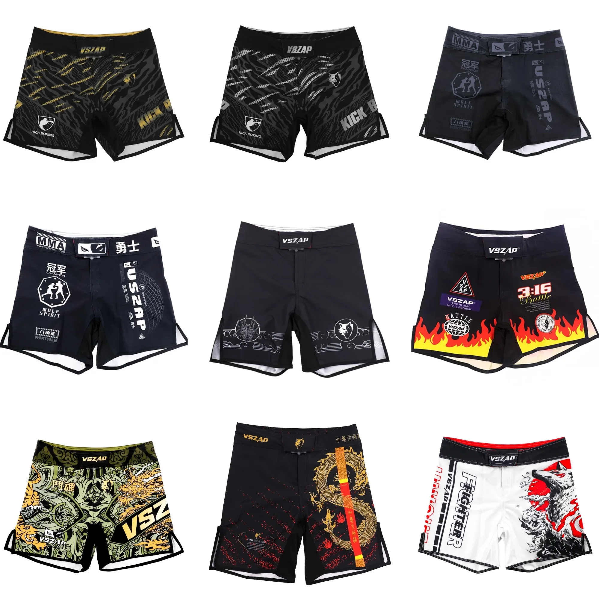 Men Women MMA Fight Shorts VSZAP Wolf Grappling Shorts Side Split 4-Way Stretch BJJ Boxing Muay Thai Combat Sports Training Wear