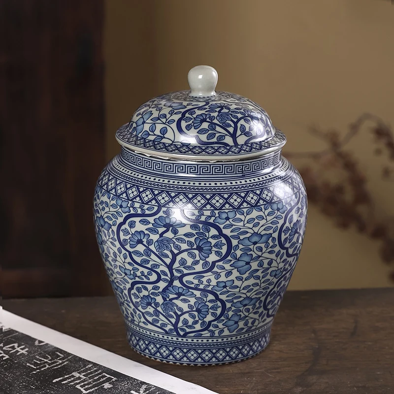 Blue and White Ru Kiln Tea Pot Antique Ceramic Candy Storage Pot High-grade Household Tea Bin Coffee Bean Nut Collection Bottle