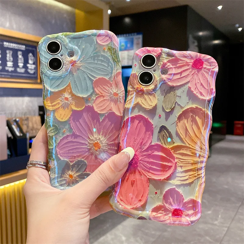 Luxuriöse blaue Licht-Ölgemälde-Blumen-Wellen-Telefonhülle für iPhone 17, Air 16, 15, 14, 13, 12, 11, Pro Max, stoßfeste Schutzhülle