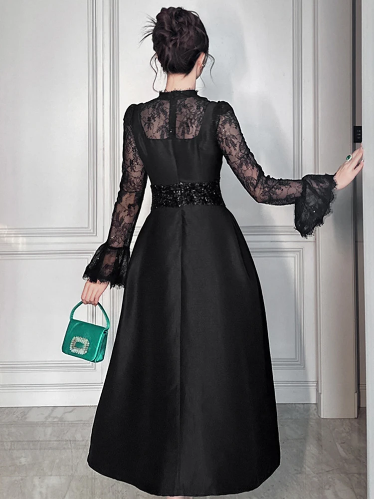 ผู้หญิง Retro ชุดราตรีหรูหราภาษาฝรั่งเศสคําพรหม SHEER Lace Splice เอวสูงขนาดใหญ่ Swing Robe หญิงสีดําเลื่อมปาร์ตี้ ...