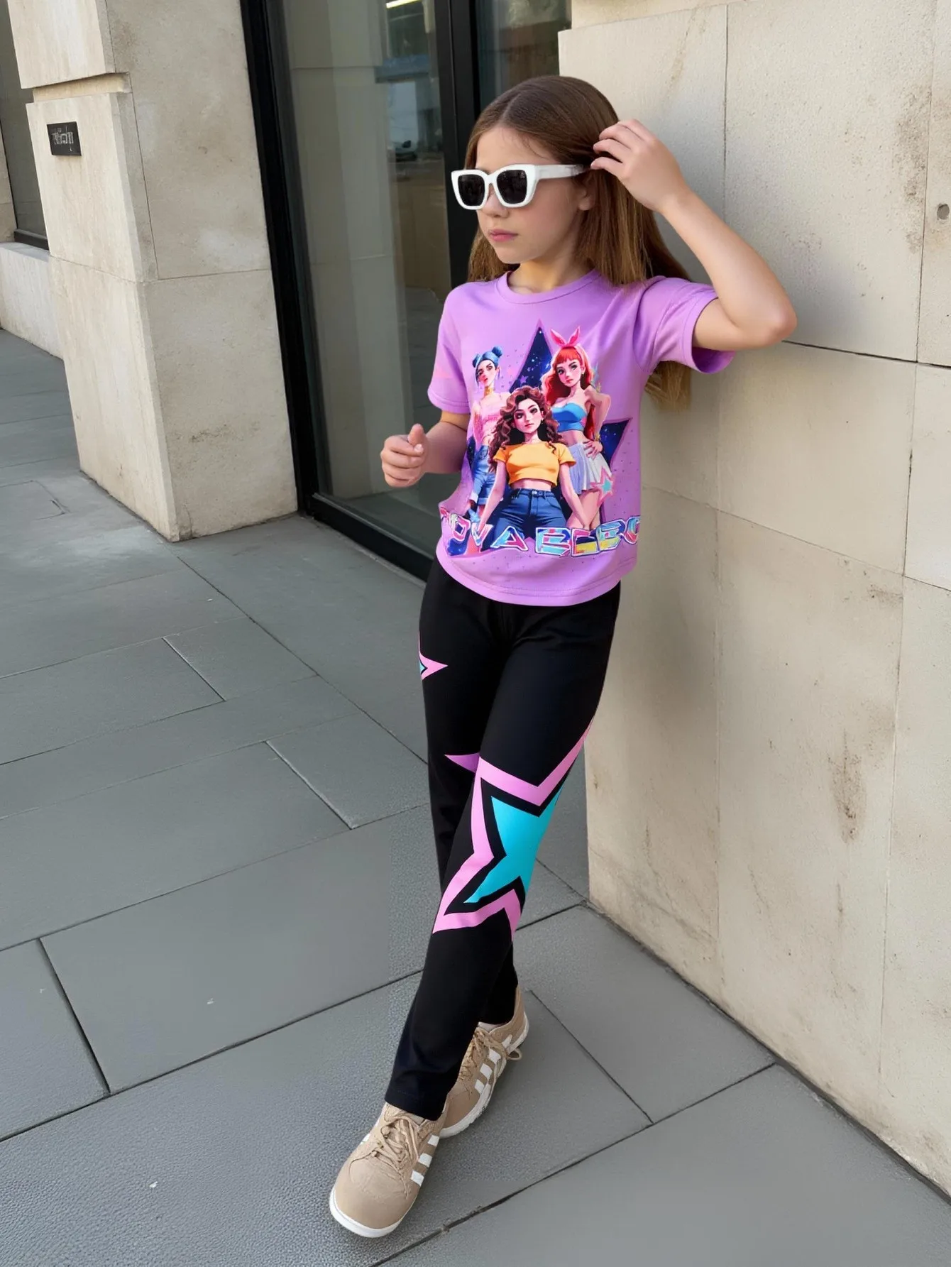 Frühling/Sommer Mädchen Mode Zweiteiler, K-Pop Cartoon Anime 3D-Druck Rundhals T-Shirt Slim Fit Hosen Set