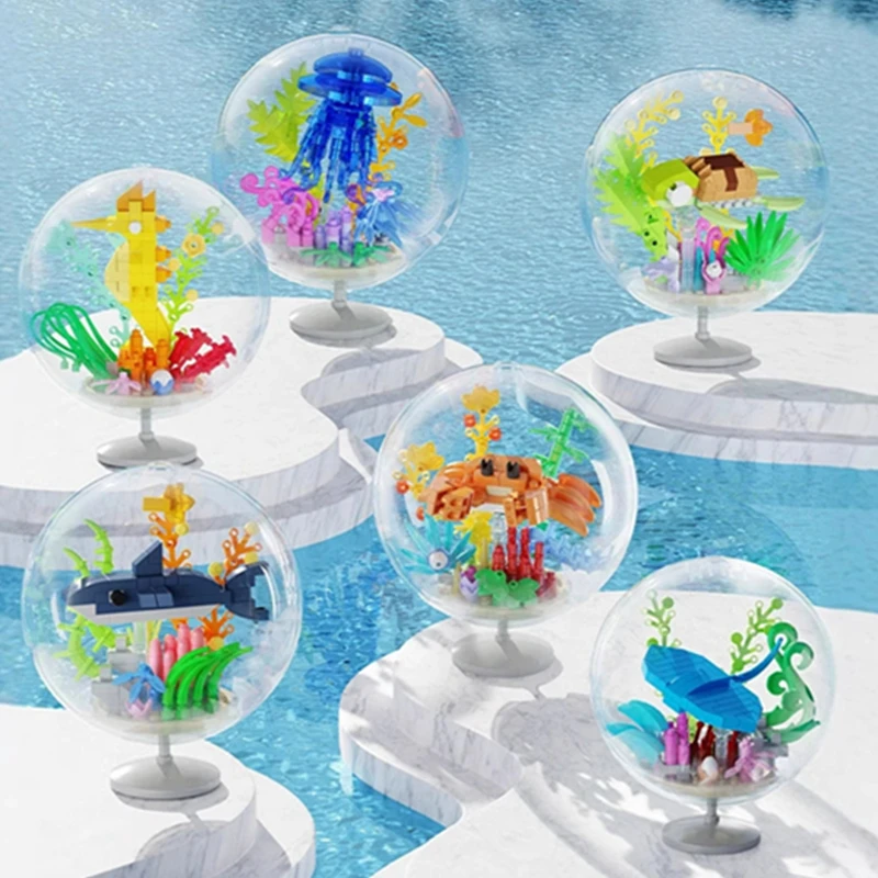Ocean Pendant Transparent Ball Marine Animals Turtles Dolphins Fish Octopus Building Blocks Kit Bricks Model Kids Toy Children