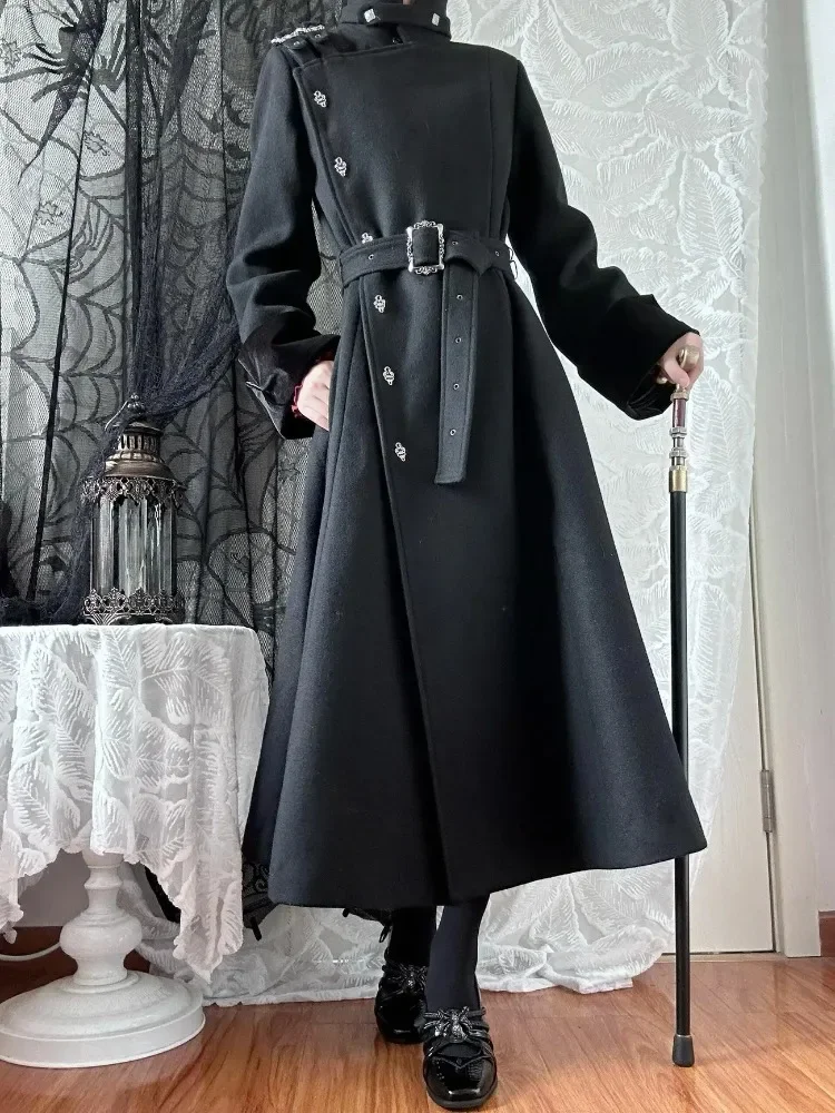 Gothic Lolita Winter Coat Women Belted Waist Stand Collar Velvet Cuff Cross Charm Slim Fit Harajuku Fashion Daily Outfit 2026