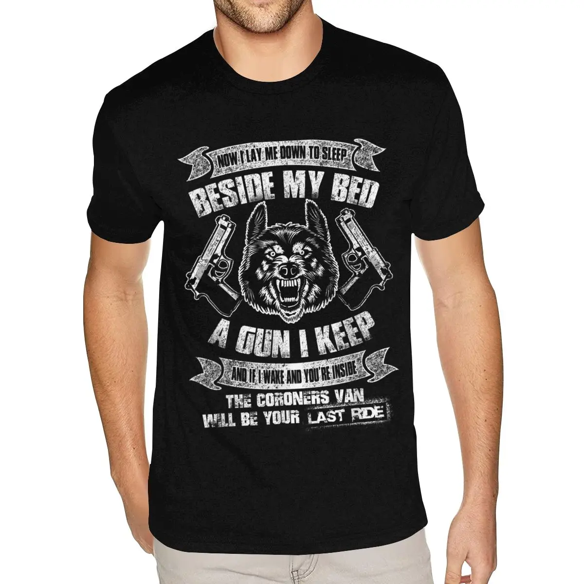 

Vintage Now I Lay Me Down To Sleep Beside My Bed A Gun Tees Shirts Men Make Your Own Short Sleeve Cotton Black Crew T-Shirt
