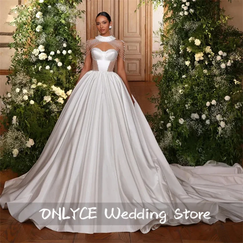 Brilhando vestidos de casamento requintado cetim vestido de baile grânulo cristais vestido de noiva esfregar comprimento vestidos de novias personalizado