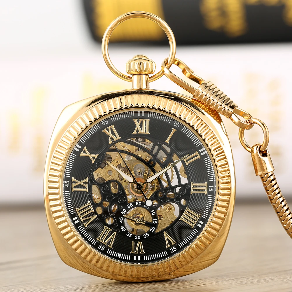 Antique Black/Silver/Gold Mechanical Pocket Watch Unique Square 30cm Snake Chain Hand Winding Pocket Watches Pendant Clock Gifts