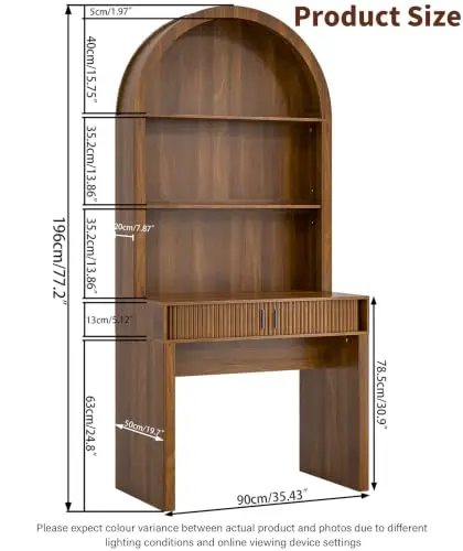 75'' Arched Computer Desk with Hutch, Home Office Desk, Walnut | Fluted Sliding Doors Storage, Modern Writing Desk with