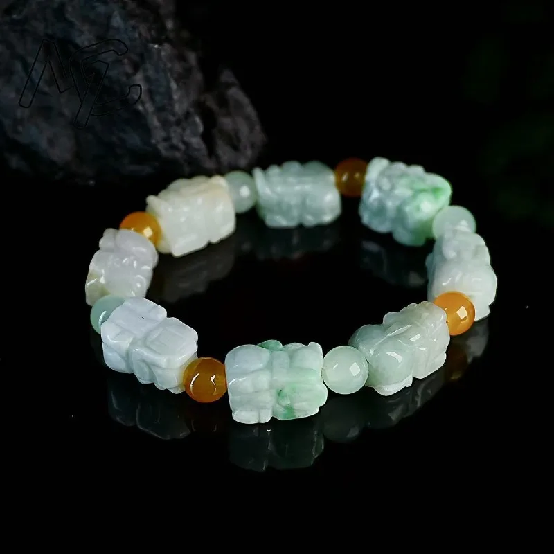 Natural Emerald Three Colors Jade Pixiu Beads Bracelet Jadeite Hand Woven Vintage Carved Amulets Fashion Jewelry Gift Women Men