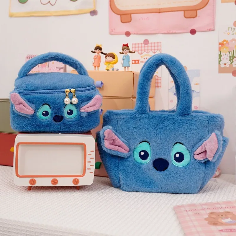 Disney Cartoon Stitch Girls Plush Portable Makeup Box Children's Student Portable Lunch Box Lilo and Baby Peripheral Storage Bag