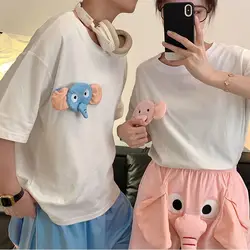 Pijama de elefante tridimensional feminino, pijamas fofos, loungewear de verão, terno de duas peças de casal