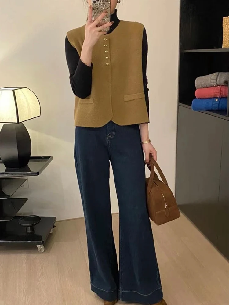 Sweater Vest Women Leisure Daily Soft Elegant Minimalist Stylish Autumn All-match Button Sleeveless Solid Knitted French Style