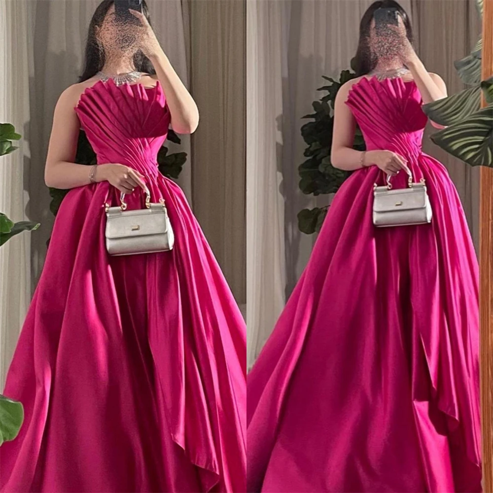 

Prom Dresses Elegant Strapless Ball Gown Celebrity Fold Draped Satin Occasion Evening vestido festa فستان سهرة