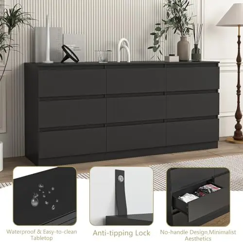 Black 9 Drawer Dresser for Bedroom, Long Dresser with Deep Drawer,Modern Wide Wood Storage Chest of Drawer, Bedroom - view 4