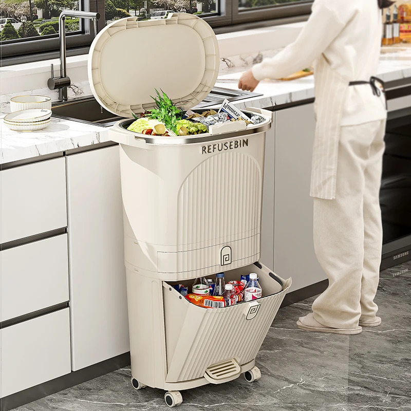 

Large Capacity Waste Bins Kitchen Pedal Trash Can Food Waste Double Dustbin Removable Rotating Litter Bins Home Cleaning Tools