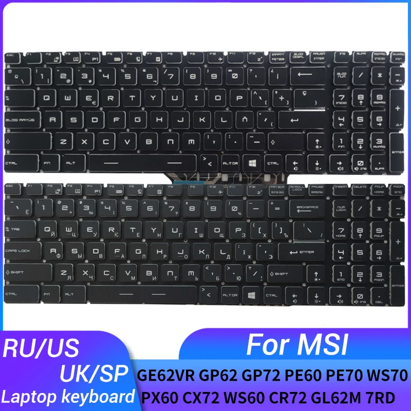 Teclado do Portátil para Msi Ge62vr Gp62 Gp72 Pe60 Pe70 Ws70 Px60 Px60 Cx72 Ws60 Cr72 Gl62m 7rd Ms16h2 Ms-16l1 Novo Russo Eua Reino Unido Espanhol