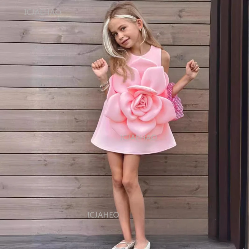New Girls Party Dress Pink 3D Flower Sleeveless Gown Banquet Formal Evening Dresses  Kids Children Birthday Celebration New Year