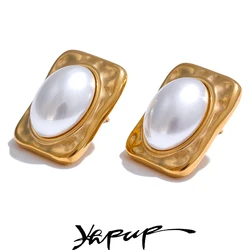 Yhpup Classic Vintage Imitation Pearls Square Rectangle Stud Earrings Waterproof Hammer Metal Stylish Charm Golden Jewelry Gift