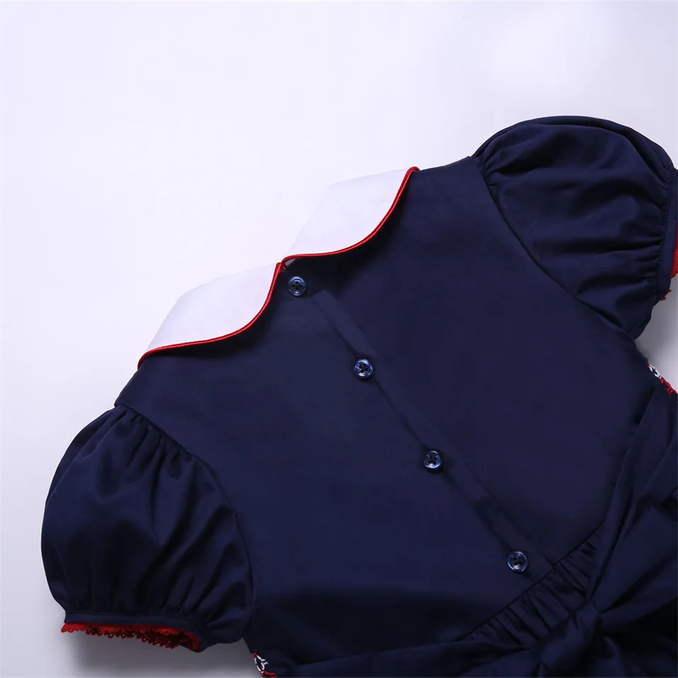 Pettigirl Girls Children Toddler Navy Embroidery Bubble Sleeve Summer Casual Smocked Dresses Clothing Size 2 3 4 5 6 8 10 12 Yrs
