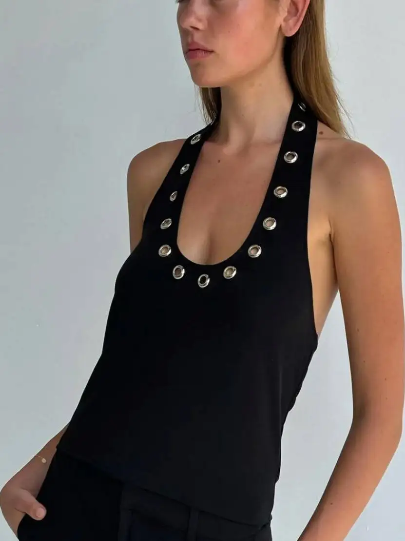 Sexy Ausgeschnittenes Metall-Design U-Ausschnitt Trägerloses Top Figurbetontes Baumwoll-Tanktop für Damen Sommersaison Farbiges Freizeitoutfit