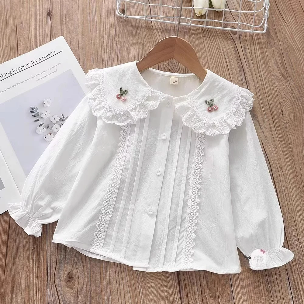 

Girls Cotton Cherry Shirt Children's Lapel Princess Cardigan Shirt Medium Older Children's T-Shirt Top New