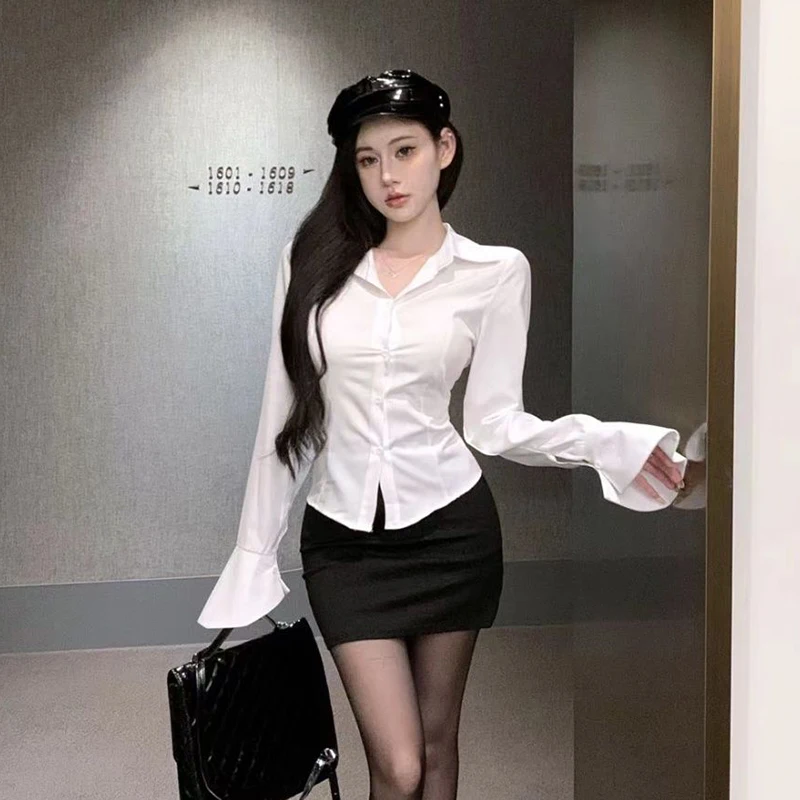 Gidyq Korean Women White Shirts Elegant Fashion Streetwear Female Slim Bandage Blouse Y2K Casual Designed Bell Sleeve Shirt New