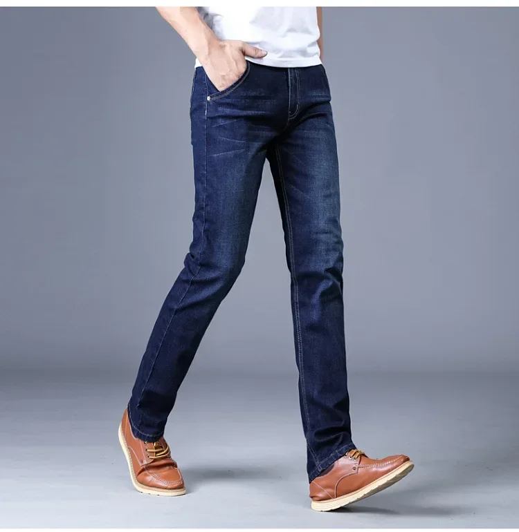 Pantalones vaqueros elásticos para hombre, Jeans clásicos elásticos de negocios, cómodos, lisos, rectos, largos, a la moda, novedad de 2023