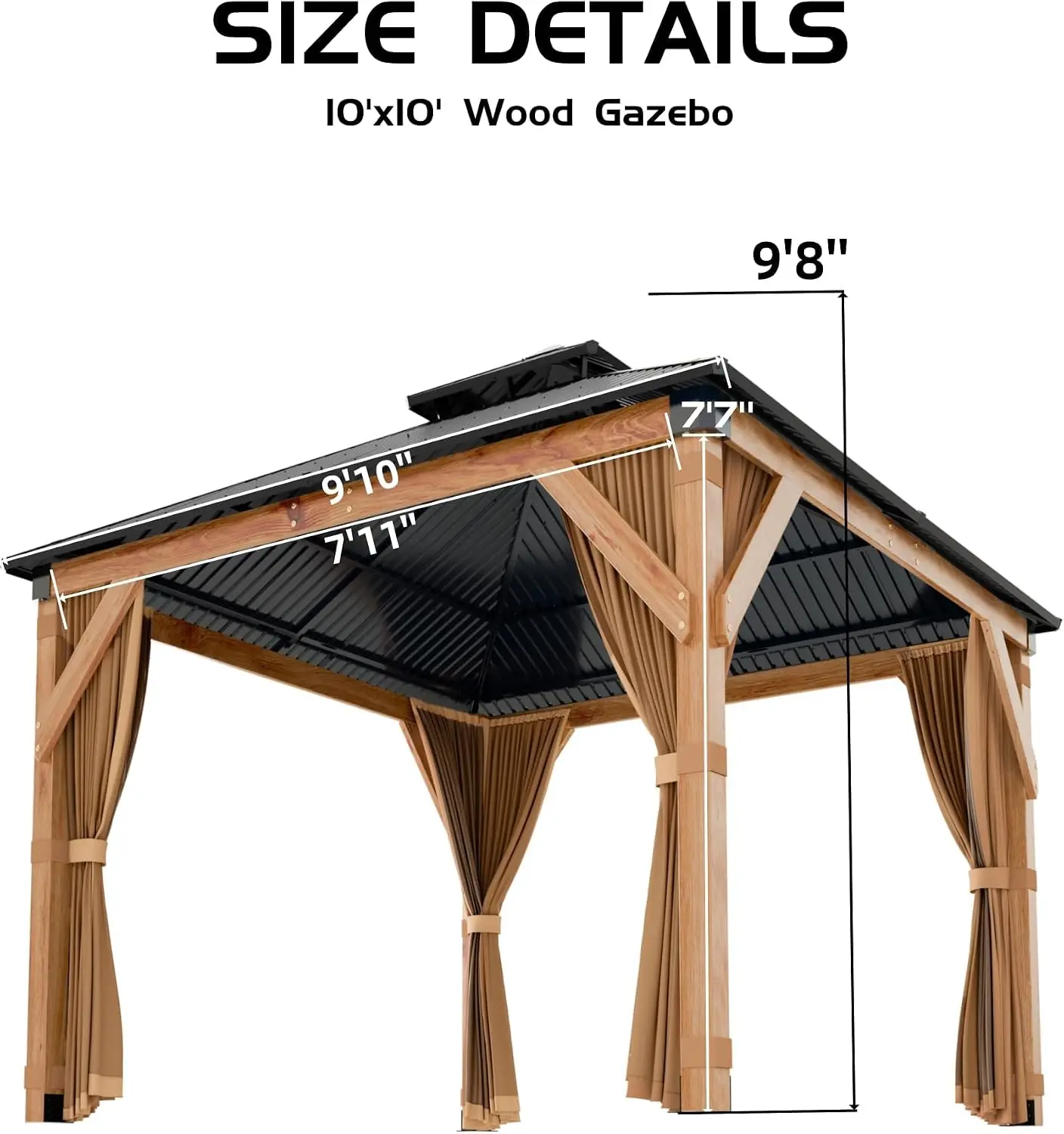 10' x 10' Hardtop Wood Gazebo with Cedar Frame, Outdoor Pavilion Featuring Double Galvanized Steel Roof, Curtains and Netting Included, Ceiling Hook, Ideal for Patio, Backyard, Deck, Lawn and Garden