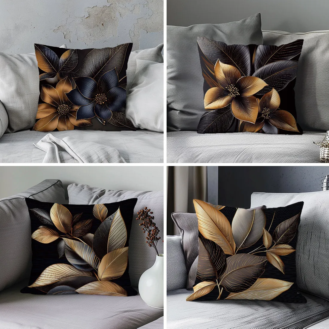 Premium Botanical Print Pillow Cover Set Four Piece Decorative Throw Shams for Modern Luxury Bedroom Home Decor