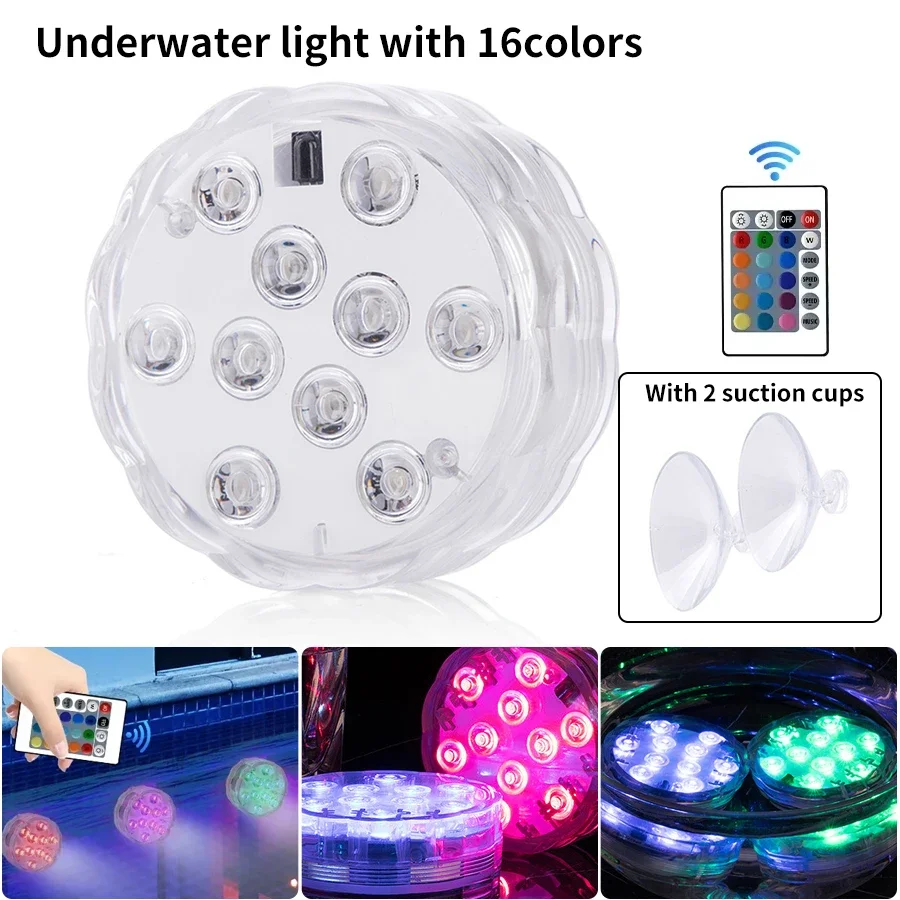 10 LEDs RGB Unterwasserleuchte, batteriebetrieben, für Schwimmbad, Garten, Tauchbeleuchtung, Fischbeleuchtung, für Hochzeiten, Partys, Vasen, Aquarien